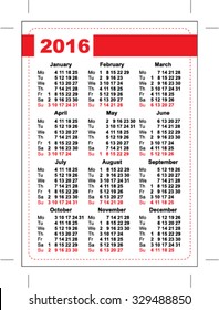 2016 pocket calendar. Template calendar grid. Vertical orientation of days of week. Illustration in vector format