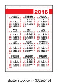 2016 pocket calendar. Template grid. First day Sunday. Illustration in vector format