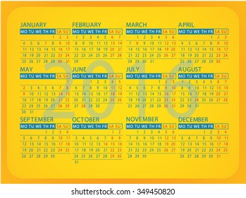 2016 pocket calendar. Template calendar grid. Horizontal orientation of days of week. Illustration in vector format