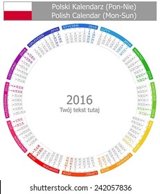 2016 Polish Circle Calendar Mon-Sun on white background 