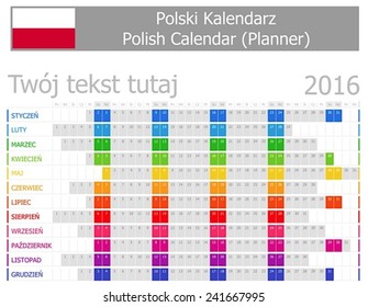 2016 Polish Planner Calendar with Horizontal Months on white background 