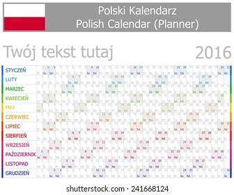 2016 Polish Planner-2 Calendar with Horizontal Months on white background 