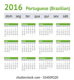 Calendario Portugués Americano 2016. La semana empieza el domingo