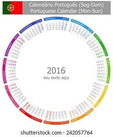 2016 Portuguese Circle Calendar Mon-Sun on white background 