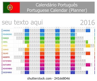 2016 Portuguese Planner Calendar with Horizontal Months on white background 