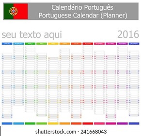 2016 Portuguese Planner-2 Calendar Vertical Months on white background 