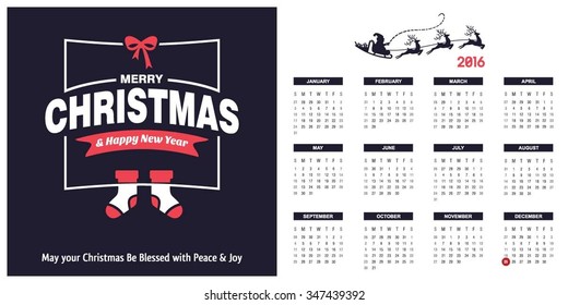 2016 Printable Christmas calendar with Christmas background images card on right side