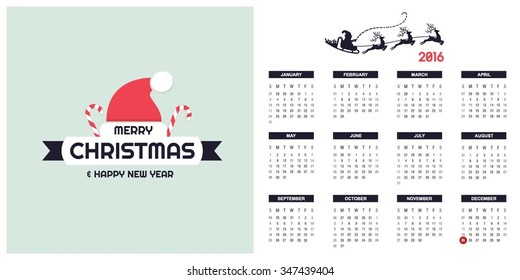 2016 Printable Christmas calendar with Christmas background images card on right side