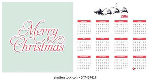 2016 Printable Christmas calendar with Christmas background images card on right side