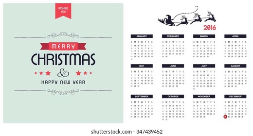 2016 Printable Christmas calendar with Christmas background images card on right side