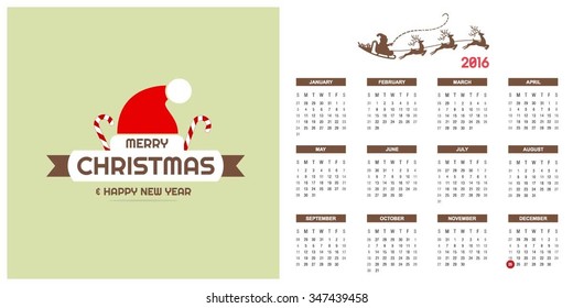 2016 Printable Christmas calendar with Christmas background images card on right side
