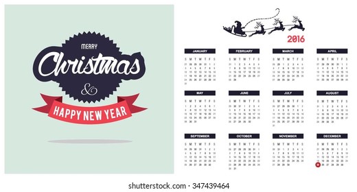 2016 Printable Christmas calendar with Christmas background images card on right side