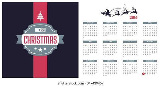 2016 Printable Christmas calendar with Christmas background images card on right side