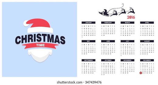 2016 Printable Christmas calendar with Christmas background images card on right side