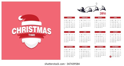 2016 Printable Christmas calendar with Christmas background images card on right side