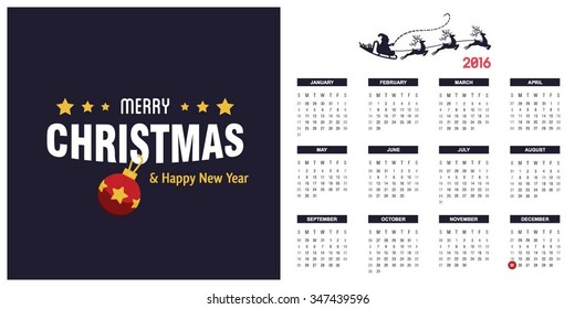 2016 Printable Christmas calendar with Christmas background images card on right side