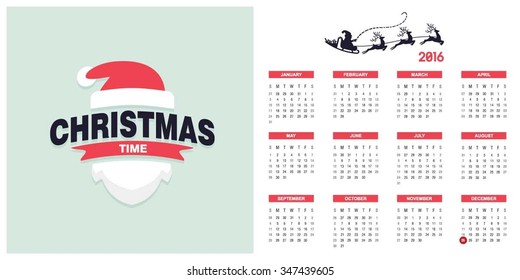 2016 Printable Christmas calendar with Christmas background images card on right side