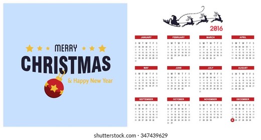 2016 Printable Christmas calendar with Christmas background images card on right side
