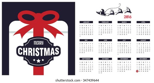 2016 Printable Christmas calendar with Christmas background images card on right side