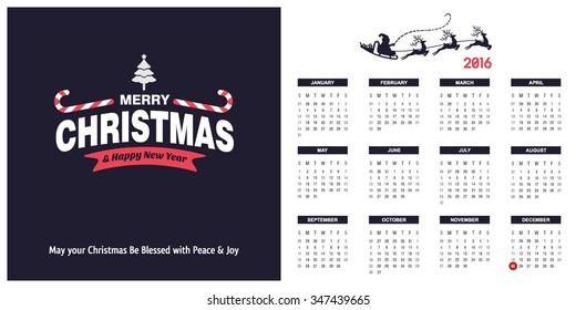 2016 Printable Christmas calendar with Christmas background images card on right side