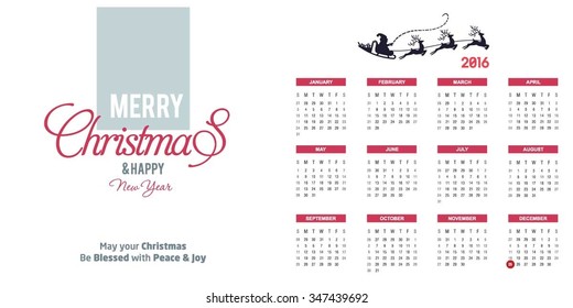 2016 Printable Christmas calendar with Christmas background images card on right side