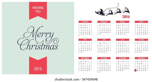 2016 Printable Christmas calendar with Christmas background images card on right side
