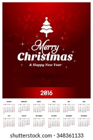 2016 Printable Christmas calendar with Christmas background images card. Red Christmas tree with decorative typography and label typography