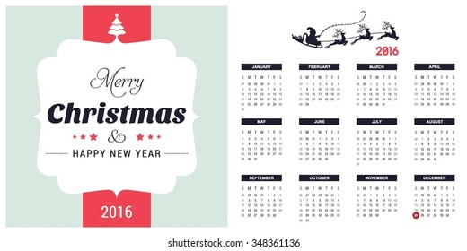 2016 Printable Christmas calendar with Christmas background images card. retro label background