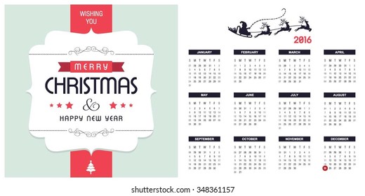 2016 Printable Christmas calendar with Christmas background images card. vintage label card with calendar