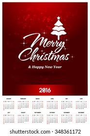 2016 Printable Christmas calendar with Christmas background images card. Red Christmas tree with decorative typography and label typography