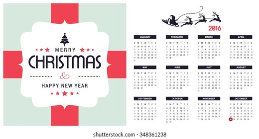 2016 Printable Christmas calendar with Christmas background images card. vintage label typography background