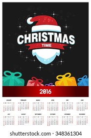 2016 Printable Christmas calendar with Christmas background images card. Santa hat and beared with gift box in bottom creative design elements