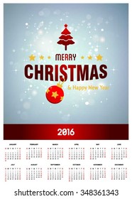 2016 Printable Christmas calendar with Christmas background images card. Red Christmas tree on blue glowing background