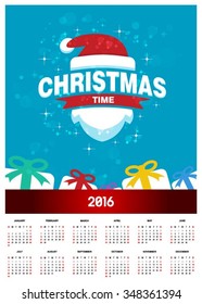 2016 Printable Christmas calendar with Christmas background images card. Santa hat and beared with gift box in bottom creative design elements