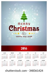 2016 Printable Christmas calendar with Christmas background images card. Merry Christmas tree on blue background typography background