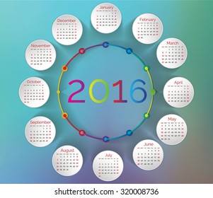 2016 Rainbow calendar in us style, start on sunday, each month with individual table.