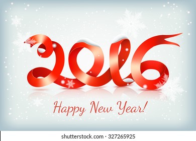 2016 Realistic red happy new year ribbon on snowing background