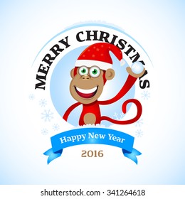 2016 red monkey emblem. Vector illustration of a red monkey, a symbol of New Year 2016, with new year hat, snowflakes and blue ribbon. T-shirt or a greeting card. 
