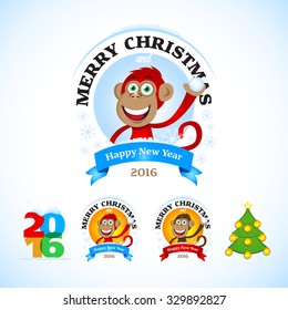 2016 red monkey logo template set. Vector illustration of a monkey, a symbol of New Year 2016. T-shirt or a greeting card. 2016 Text. 2016 Logotype, emblem with snowflakes. Green New Year Tree. 