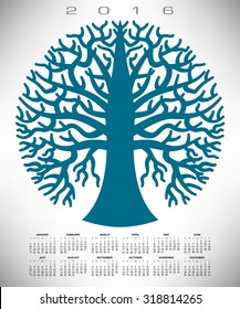A 2016 round blue tree calendar for print or web