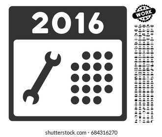 2016 Service Calendar icon with black bonus professional design elements. 2016 Service Calendar vector illustration style is a flat gray iconic symbol for web design, app user interfaces.