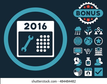 2016 Service Calendar icon with bonus elements. Vector illustration style is flat iconic bicolor symbols, blue and white colors, dark blue background.