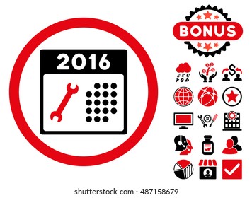 2016 Service Calendar icon with bonus symbols. Vector illustration style is flat iconic bicolor symbols, intensive red and black colors, white background.