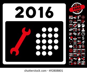 2016 Service Calendar icon with bonus calendar and time management images. Vector illustration style is flat iconic bicolor symbols, red and white colors, black background.