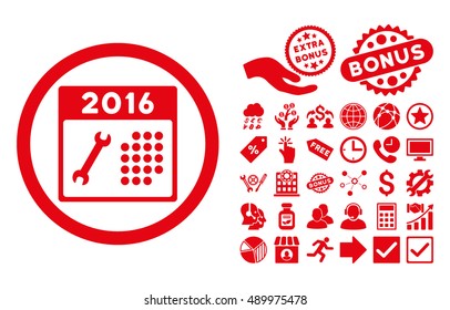2016 Service Calendar pictograph with bonus pictogram. Vector illustration style is flat iconic symbols, red color, white background.