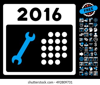 2016 Service Calendar pictograph with bonus calendar and time management pictures. Vector illustration style is flat iconic bicolor symbols, blue and white colors, black background.