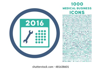 2016 Service Calendar rounded vector bicolor icon with 1000 medical business icons. Set style is flat pictograms, cobalt and cyan colors, white background.