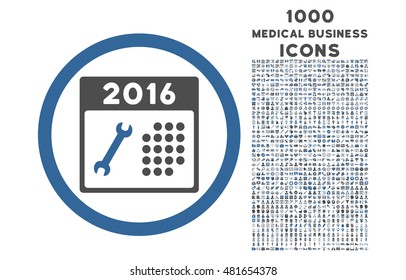 2016 Service Calendar rounded vector bicolor icon with 1000 medical business icons. Set style is flat pictograms, cobalt and gray colors, white background.