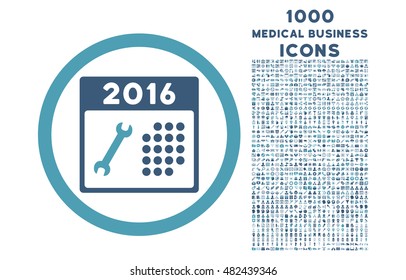 2016 Service Calendar rounded vector bicolor icon with 1000 medical business icons. Set style is flat pictograms, cyan and blue colors, white background.