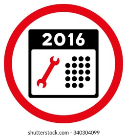 2016 Service Calendar vector icon. Style is bicolor flat circled symbol, intensive red and black colors, rounded angles, white background.